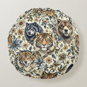 Cojín Redondo Patrón animal salvaje y floral vintage sobre blanc