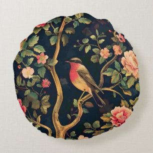Cojín Redondo Patrón Antiguo de Pájaro Bosque Floral