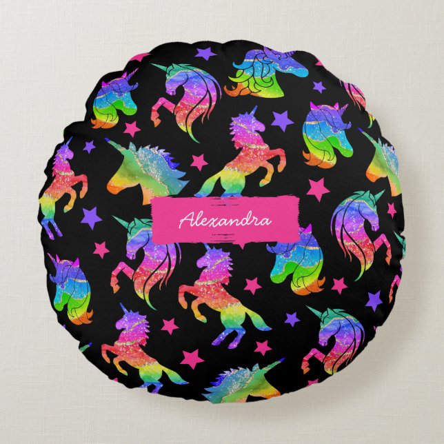 Cojín Redondo Patrón arcoiris unicornio purpurina con nombre (Anverso)