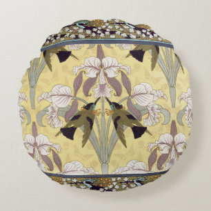 Cojín Redondo Patrón Art Nouveau de Orquídea Colibrí Vintage