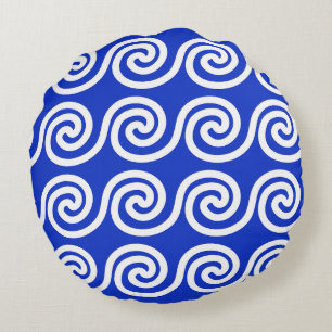 Cojín Redondo Patrón azul de las ondas de las teclas del meandro