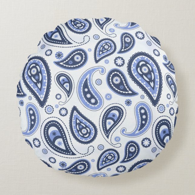 Cojín Redondo Patrón azul paisley (Anverso)