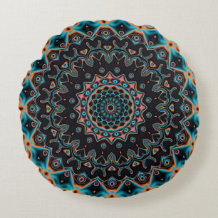 Cojín Redondo Patrón azul Verde azulado negro rosa Mandala Boho