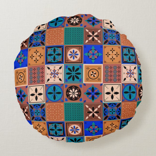 Cojín Redondo Patrón Azulejo tonos tierra (Reverso)