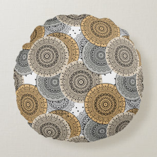 Cojín Redondo Patrón beige gris mandala árabe estilo oriental