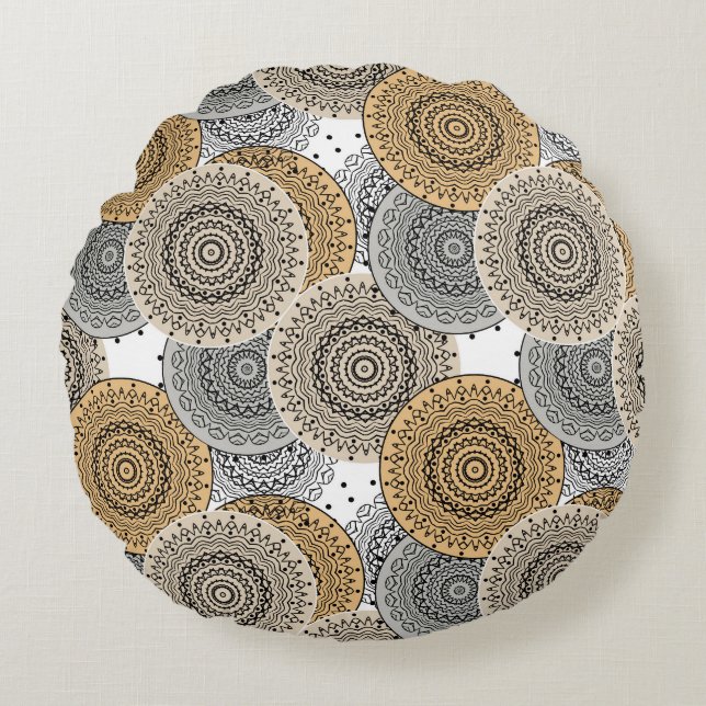 Cojín Redondo Patrón beige gris mandala árabe estilo oriental (Anverso)