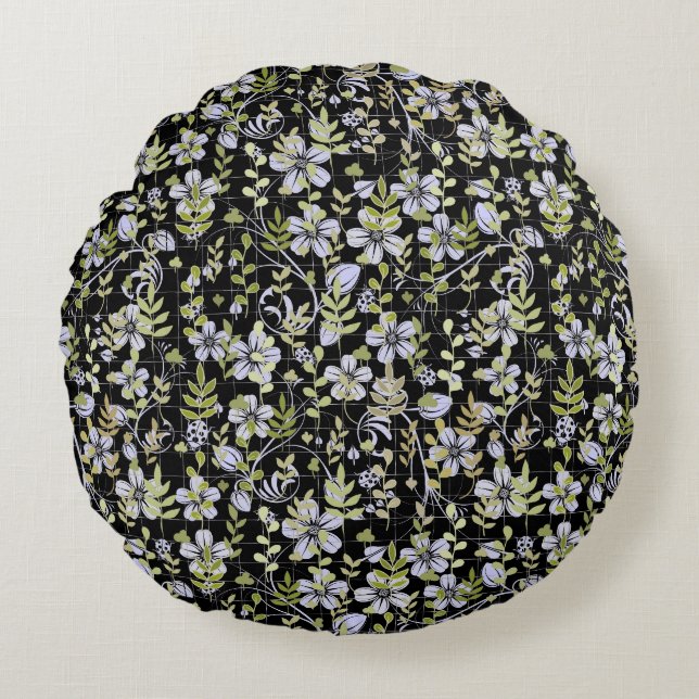 Cojín Redondo Patrón Boho 02.w Floral sobre negro BG (Anverso)