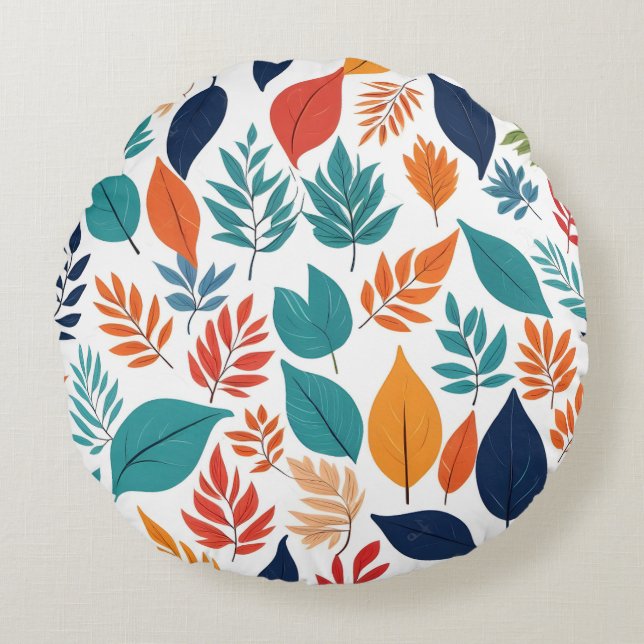 Cojín Redondo Patrón botánico con hojas tropicales en blanco (Anverso)