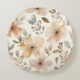 Cojín Redondo Patrón Botánico de Acuarela Floral Melocotón Beige