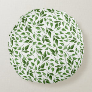 Cojín Redondo Patrón Botánico de Hojas de Acuarela Verde