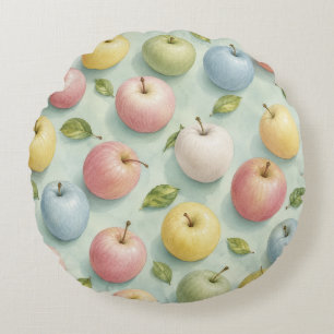 Cojín Redondo Patrón Botánico de Manzana Acuarela Pastel