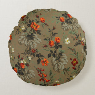 Cojín Redondo Patrón Botánico de Rosa Naranja Floral Oscuro Vint