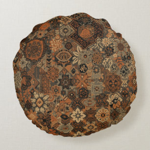 Cojín Redondo Patrón Botánico de Terracota Salvia Boho Oscuro