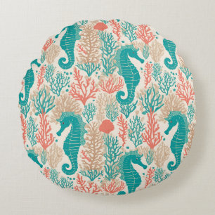 Cojín Redondo Patrón caballito de mar Naranja Verde azulado Marí