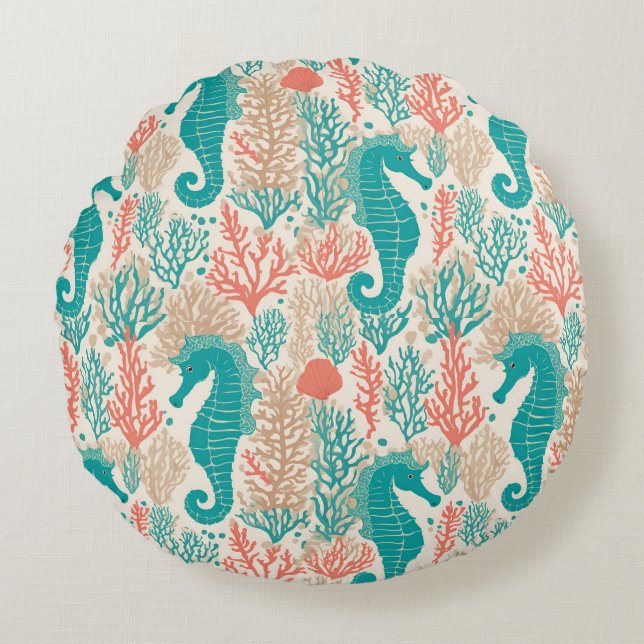 Cojín Redondo Patrón caballito de mar Naranja Verde azulado Marí (Anverso)