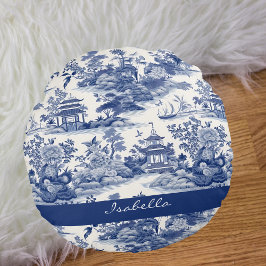 Cojín Redondo Patrón Chinoiserie personalizado Pagoda Azul Blanc