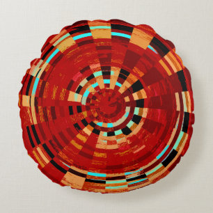 Cojín Redondo Patrón circular retro rojo negro azul amarillo mar