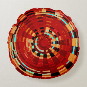 Cojín Redondo Patrón circular retro rojo negro azul amarillo mar
