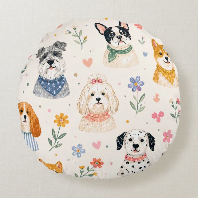 Cojín Redondo Patrón continuo de cachorro pastel | Perro pintado (Anverso)