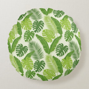 Cojín Redondo Patrón continuo de hojas tropicales y Monstera