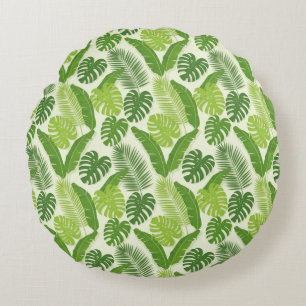 Cojín Redondo Patrón continuo de hojas tropicales y Monstera