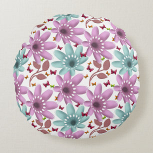 Cojín Redondo Patrón continuo de mariposa floral   Rosa y menta 