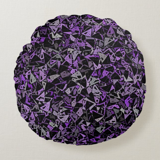 Cojín Redondo Patrón continuo de triángulo negro gris morado (Anverso)