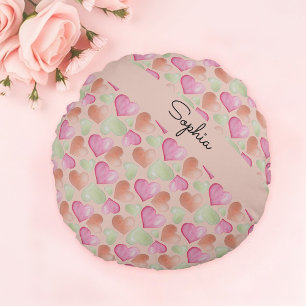 Cojín Redondo Patrón de acuarela de Corazones Cutos coloridos