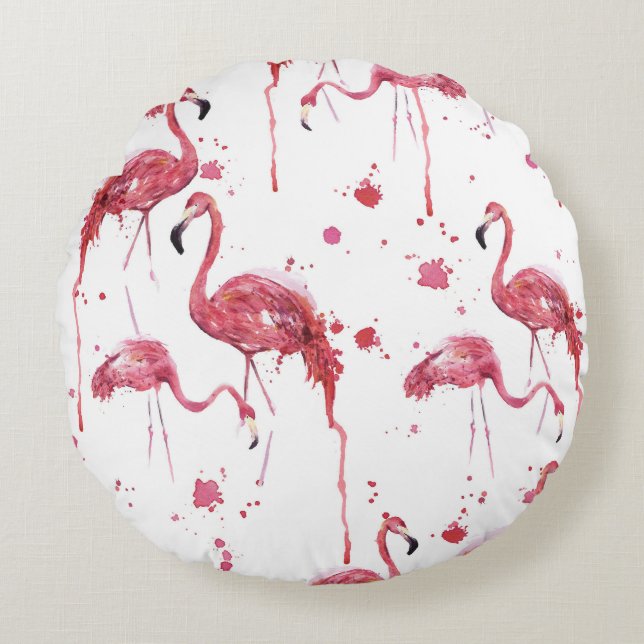 Cojín Redondo Patrón de acuarela de flamenco, diseño vibrante. (Anverso)