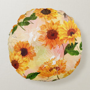 Cojín Redondo Patrón de acuarela de girasoles amarillos dibujado