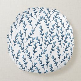 Cojín Redondo Patrón de acuarela de hoja azul - Blanco