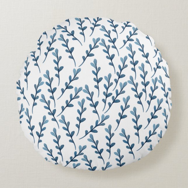 Cojín Redondo Patrón de acuarela de hoja azul - Blanco (Anverso)
