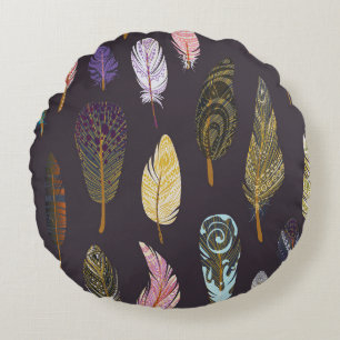 Cojín Redondo Patrón de acuarela de plumas de pájaro coloridas
