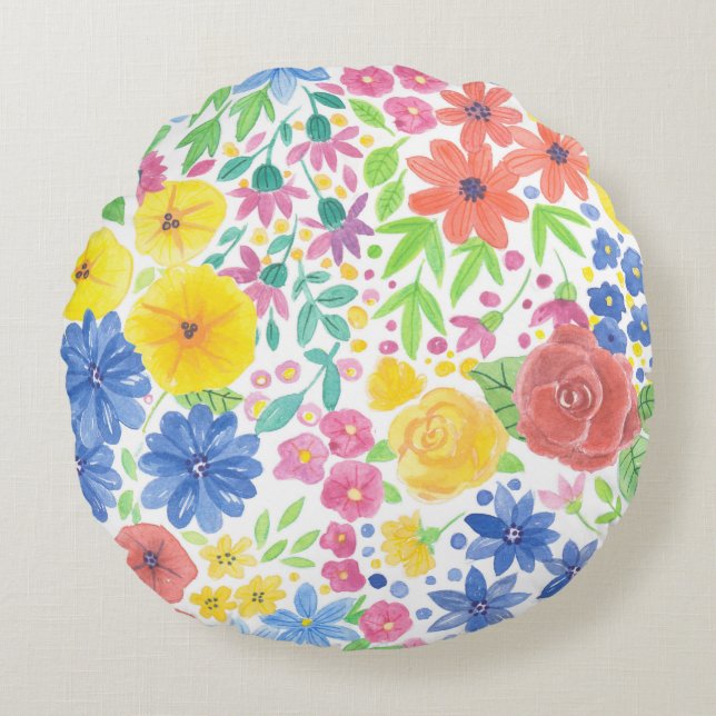 Cojín Redondo Patrón de acuarela floral (Anverso)
