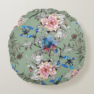 Cojín Redondo Patrón de acuarela floral de fondo verde.