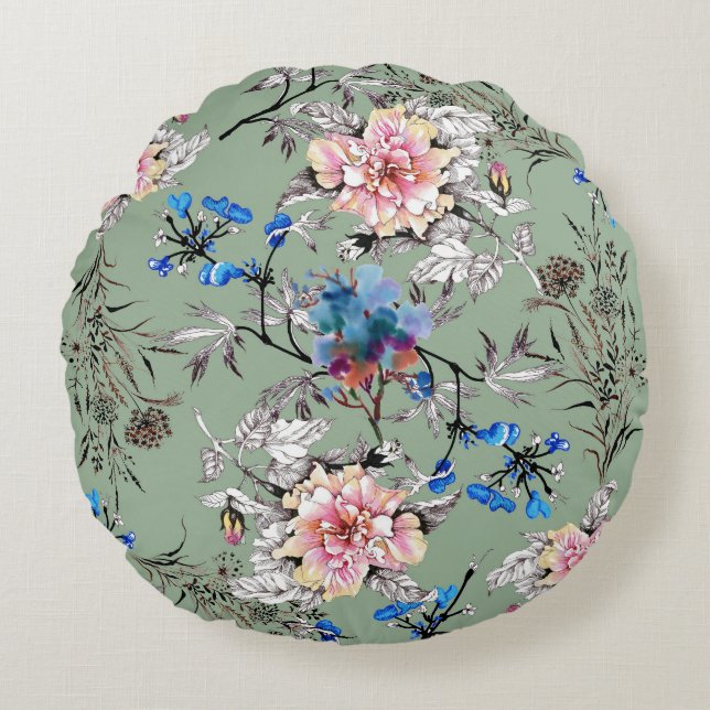 Cojín Redondo Patrón de acuarela floral de fondo verde. (Anverso)