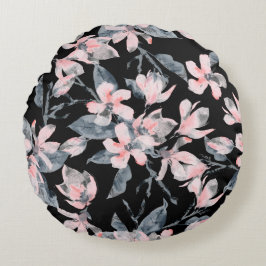Cojín Redondo Patrón de acuarela floral rosa y gris
