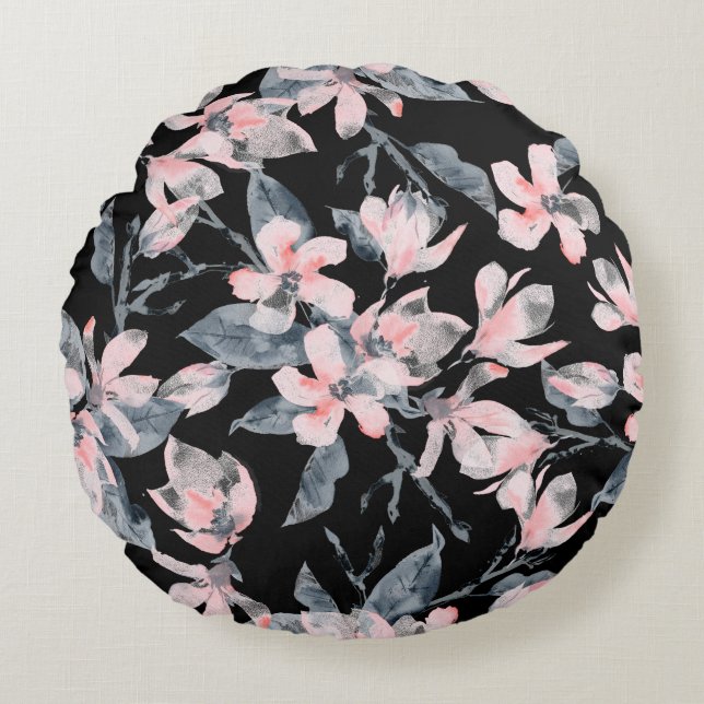Cojín Redondo Patrón de acuarela floral rosa y gris (Anverso)