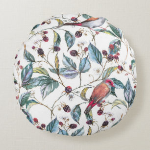 Cojín Redondo Patrón de acuarela natural: moras negras, aves, f
