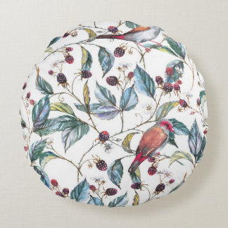 Cojín Redondo Patrón de acuarela natural: moras negras, aves, f