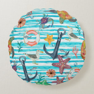 Cojín Redondo Patrón de acuarela sin fisuras con tortugas,
