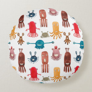 Cojín Redondo Patrón de acuarela sin fisuras de monstruos divert