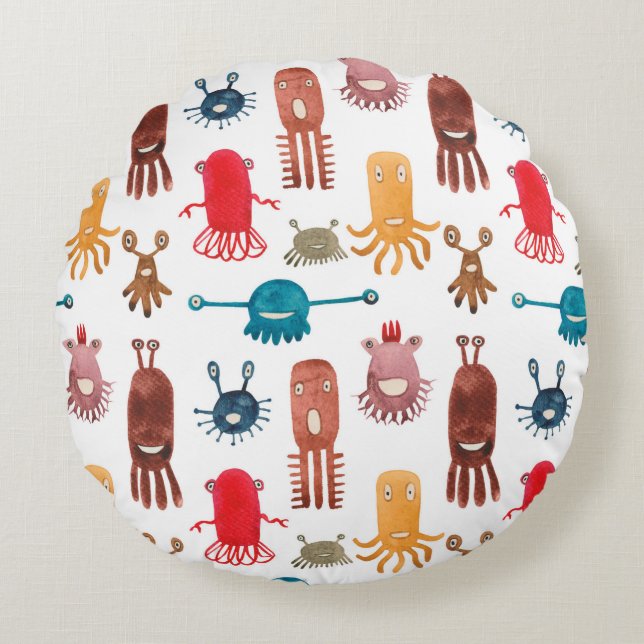 Cojín Redondo Patrón de acuarela sin fisuras de monstruos divert (Anverso)