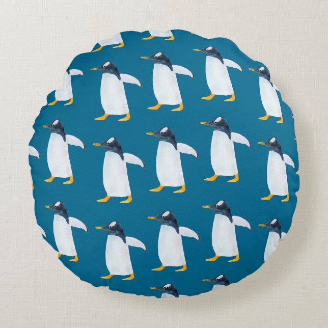 Cojín Redondo Patrón de acuarela sin foco con pingüino (Anverso)