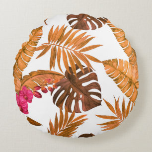 Cojín Redondo Patrón de acuarela transparente con hojas tropical