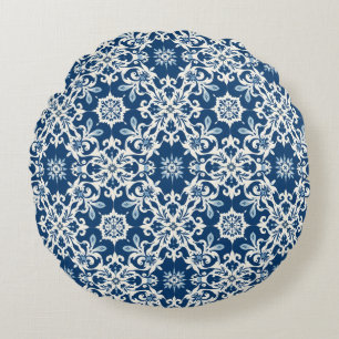Cojín Redondo Patrón de adorno boho en blanco-azul vintage