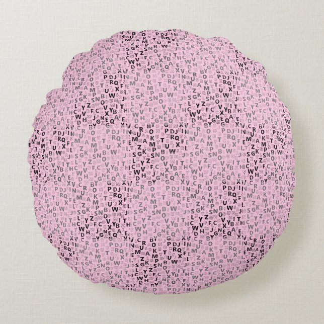 Cojín Redondo Patrón de alfabetos 01 BW.w LPink BG (Anverso)