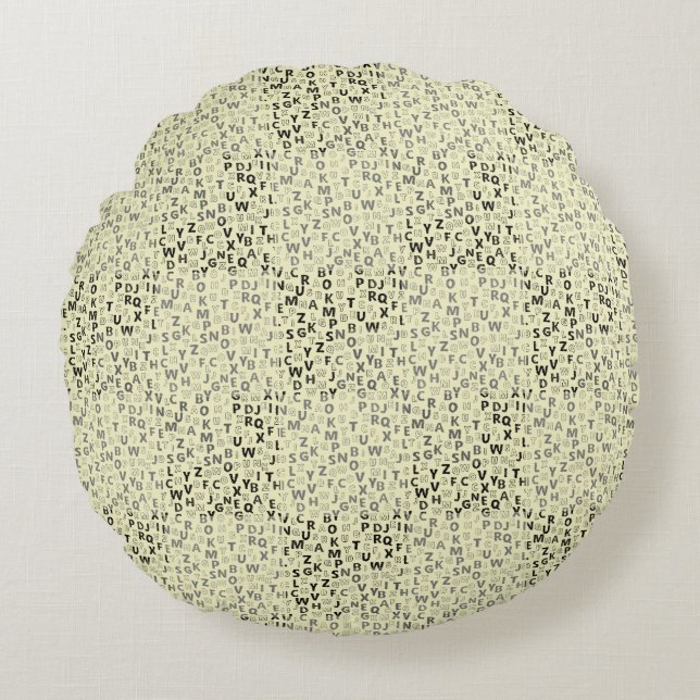 Cojín Redondo Patrón de alfabetos 01 BW.w LYellow BG (Anverso)