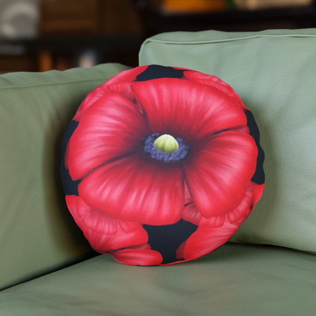 Cojín Redondo Patrón de amapola negra y roja (Pop a pretty poppy pillow on your sofa today!)