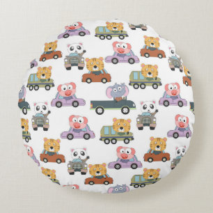 Cojín Redondo Patrón de Animales Adorables en Coches